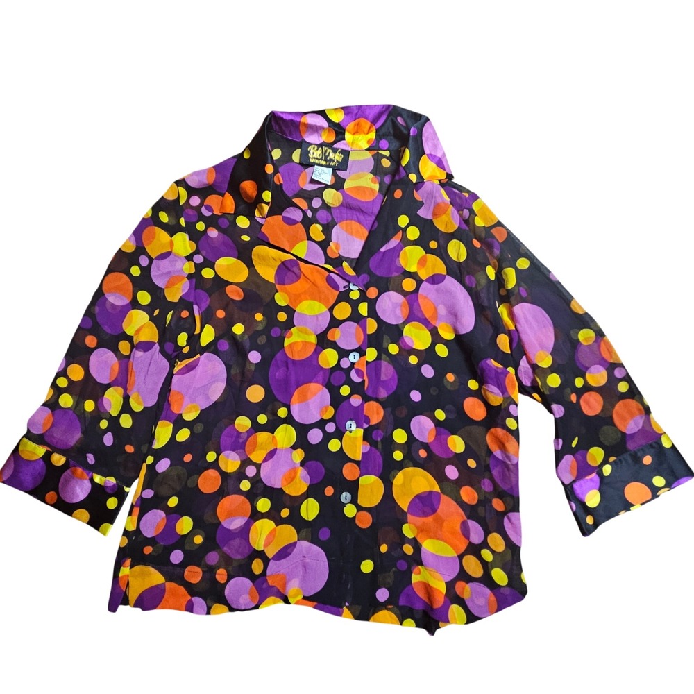 Bob Mackie 100% Silk Polka Dot Blouse Wearable Art M 3/4 Sleeve Maximalist Retro